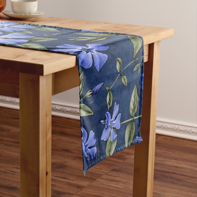 Charming Scattered Periwinkle Flowers Deep Blue Medium Table Runner (In Situ)