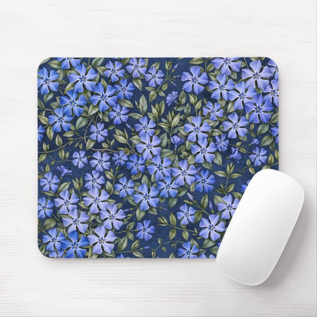 Charming Scattered Periwinkle Flowers Deep Blue Mouse Mat (With Mouse)