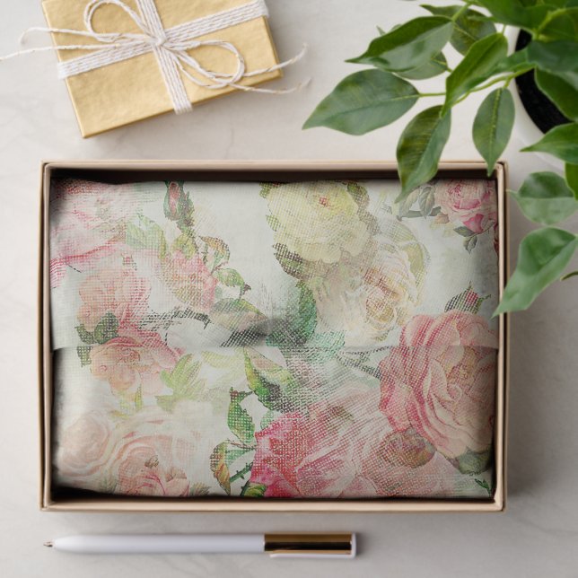 Charming Shabby Chic Pink Floral Roses Art Pattern Tissue Paper (Gift)