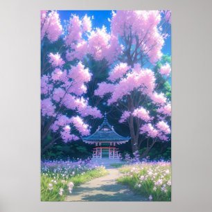Charming Shrine under Cherry Blossom Poster