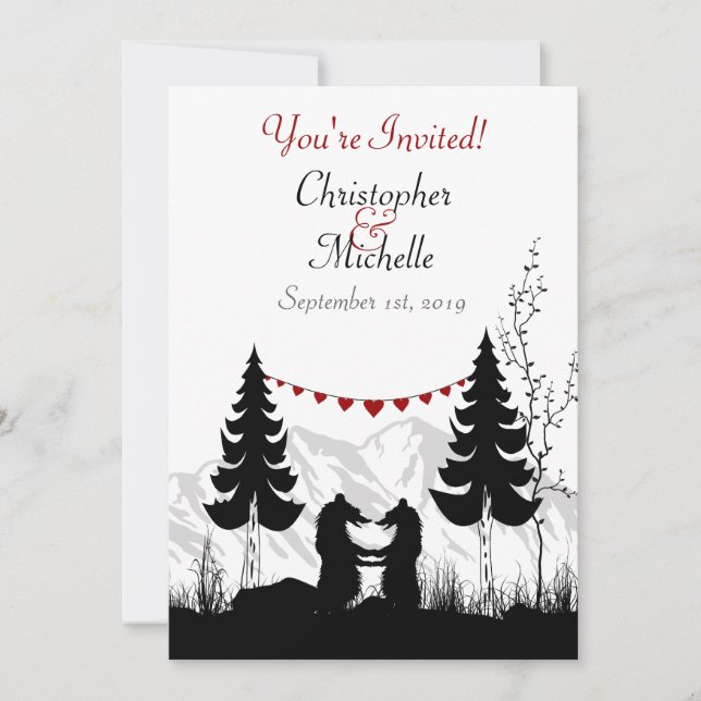 Charming Silhouette Mountain Bear Couple Wedding Invitation (Front)
