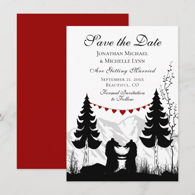 Charming Silhouette Mountain Bear Couple Wedding Save The Date (Front/Back)