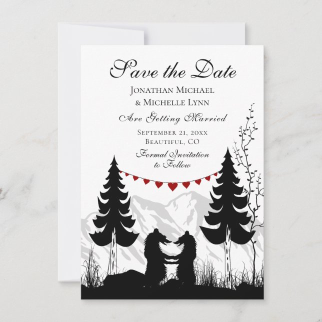 Charming Silhouette Mountain Bear Couple Wedding Save The Date (Front)