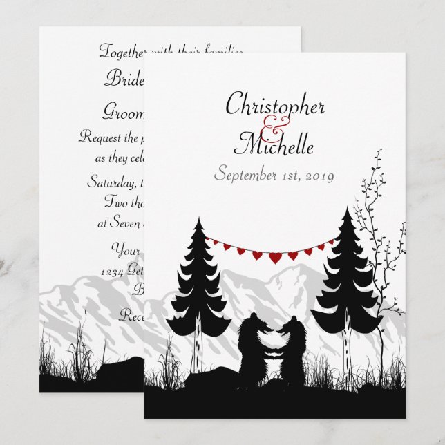 Charming Silhouette Mountain Bears Wedding Invitation (Front/Back)