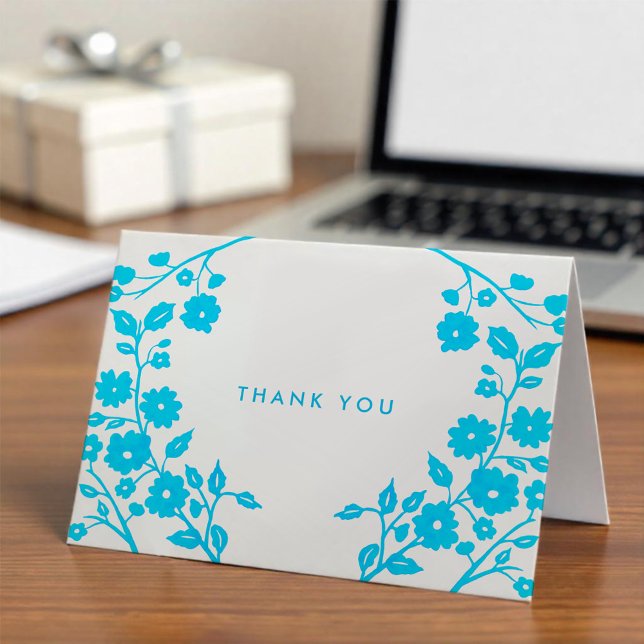 Charming Sky Blue Flowers Folk Thank You Custom Card (Creator Uploaded)
