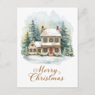 Charming Snow-Covered Christmas Farmhouse Holiday Postcard