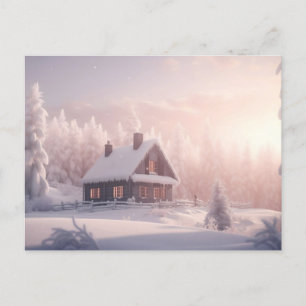 Charming Snow-Covered Wooden Cabin in a Forest Holiday Postcard