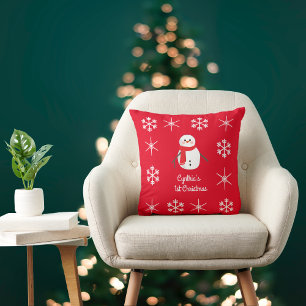 Charming Snowman Child's First Christmas on Red Cushion