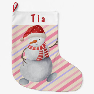 Charming Snowman Pink and Purple Striped Christmas Large Christmas Stocking