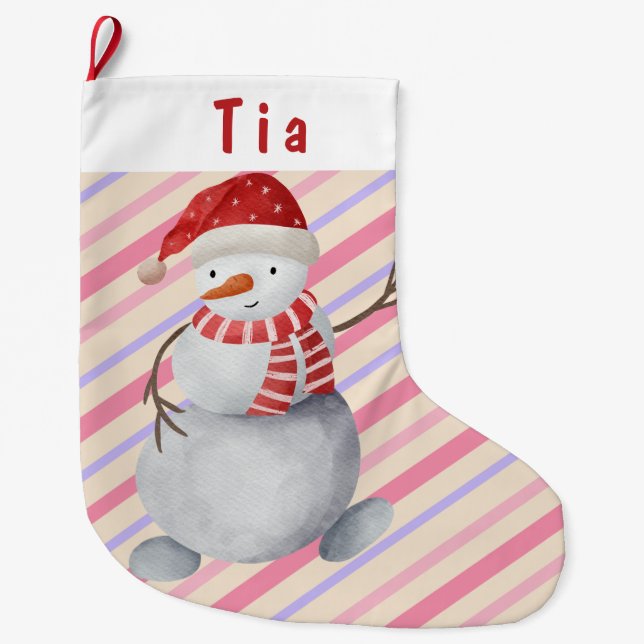 Charming Snowman Pink and Purple Striped Christmas Large Christmas Stocking (Front)