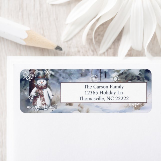 Charming Snowman Watercolor Winter Forest Address (Insitu)