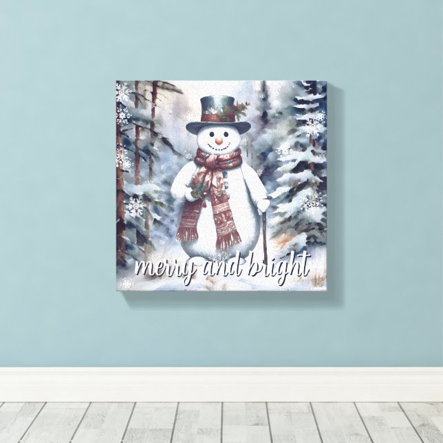 Charming Snowman Watercolor Winter Forest Canvas Print (Insitu(Wood Floor))