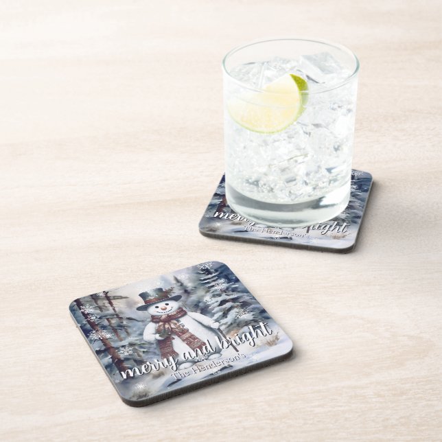 Charming Snowman Watercolor Winter Forest  Coaster (Right Side)