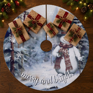 Charming Snowman Watercolor Winter Forest Fleece Tree Skirt