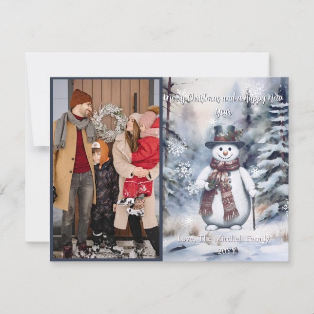 Charming Snowman Watercolor Winter Forest Photo Holiday Card (Front)