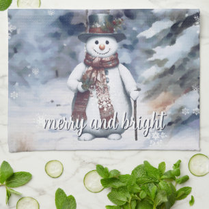 Charming Snowman Watercolor Winter Forest Tea Towel