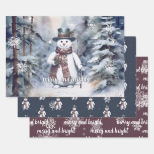 Charming Snowman Watercolor Winter Forest Wrapping Paper Sheet