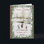 Charming snowmen serene winter landscape card<br><div class="desc">Embrace the magic of the season with this charming Christmas card, featuring a delightful trio of snowmen set against a serene winter landscape. The elegant "Season's Greetings" script beautifully complements the festive pine and berry border, creating a warm and inviting design. Perfect for spreading holiday cheer, this card captures the...</div>