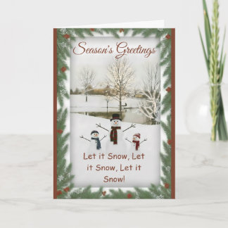 Charming snowmen serene winter landscape card
