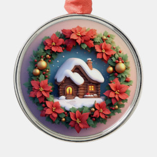 Charming Snowy Cabin Adorned With Holiday Wreath Metal Tree Decoration