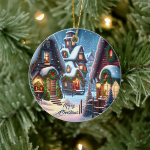 Charming snowy Christmas village Ceramic Tree Decoration
