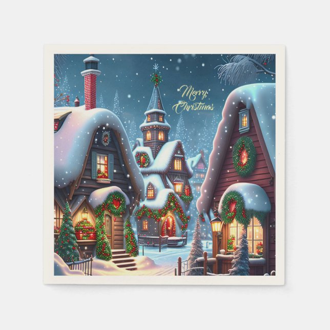 Charming snowy Christmas village custom Napkin (Front)
