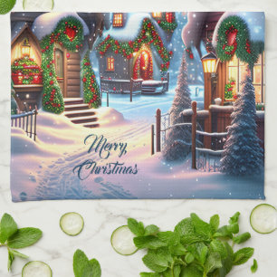 Charming snowy Christmas village custom  Tea Towel