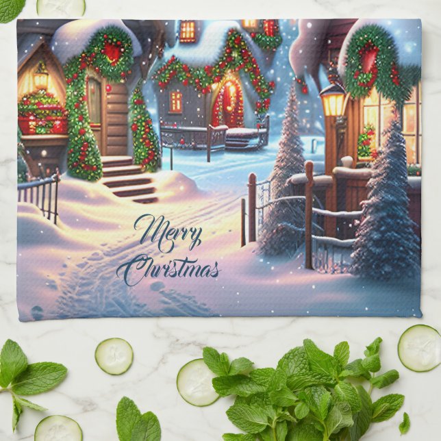 Charming snowy Christmas village custom  Tea Towel (Folded)