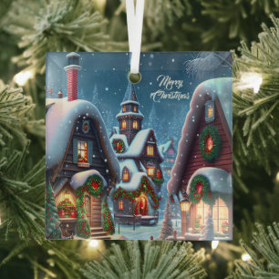 Charming snowy Christmas village Glass Tree Decoration