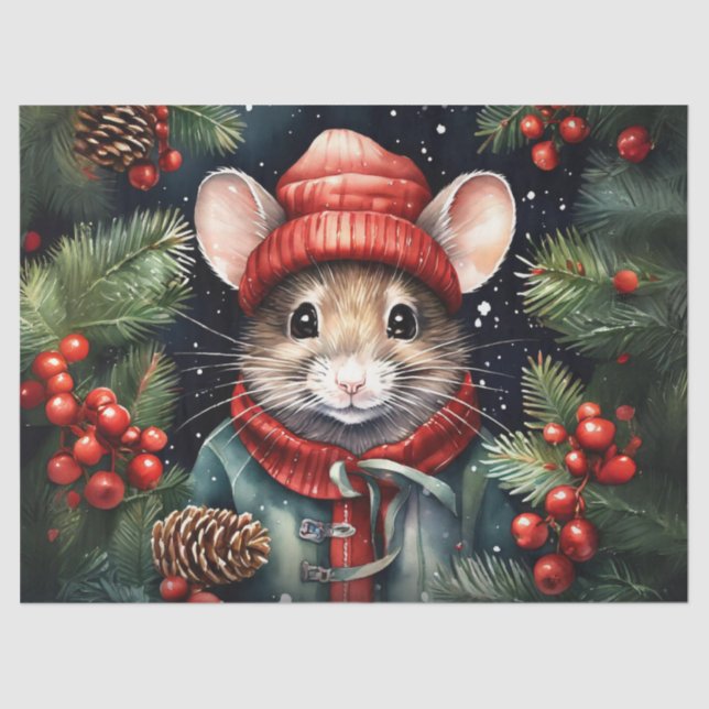 Charming Snowy Mouse Christmas Decoupage Craft Pap Tissue Paper (Front)