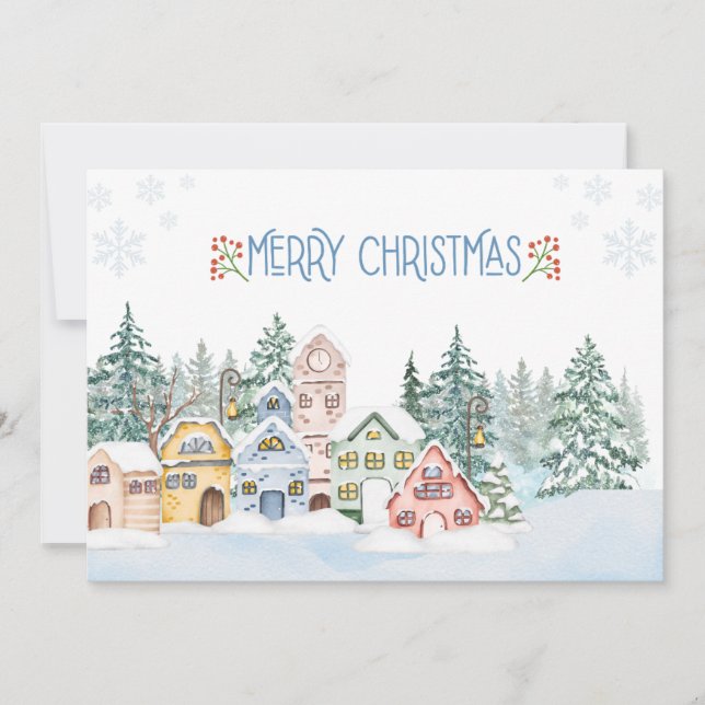 Charming Snowy Village Watercolor Christmas  Holiday Card (Front)