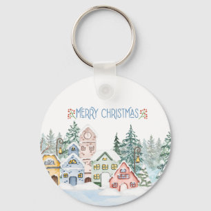 Charming Snowy Village Watercolor Christmas Key Ring