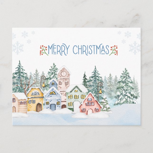 Charming Snowy Village Watercolor Christmas  Postcard (Front)