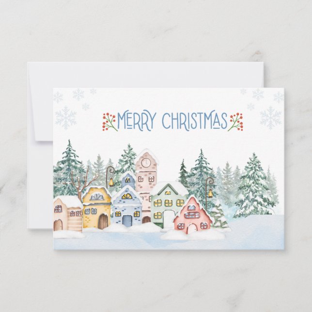 Charming Snowy Village Watercolor Christmas  Thank You Card (Front)