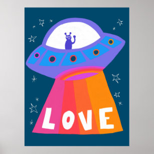 Charming Space Aliens Martians UFO Cute LOVE Poster