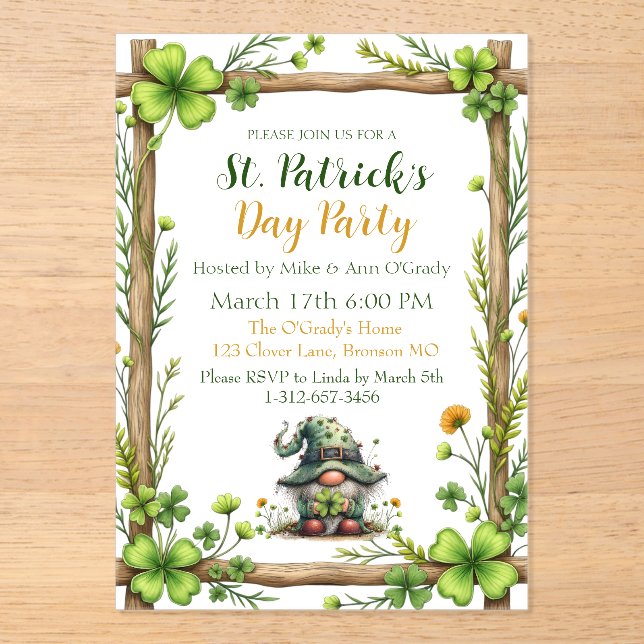 Charming Spring Clover & Gnome  Acrylic Invitations (Front)