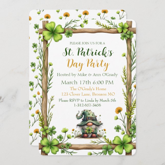 Charming Spring Clover & Gnome Invitation  (Front/Back)