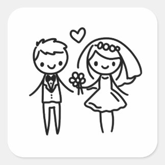 Charming Stick Figure Bride and Groom Wedding Square Sticker