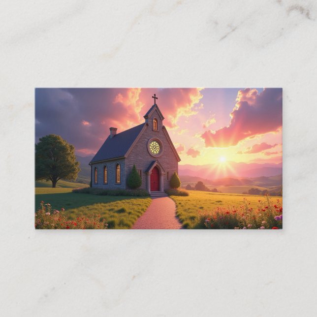 Charming Stone Church in Mountain Meadow Business Card (Front)