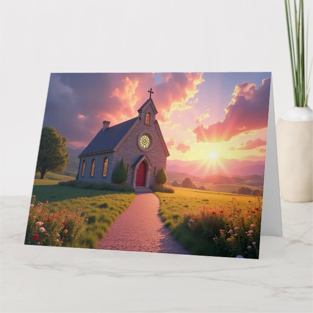 Charming Stone Church in Mountain Meadow Card (Front)