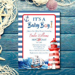 Charming Striped Blue Red Nautical Ahoy Baby Boy Invitation
