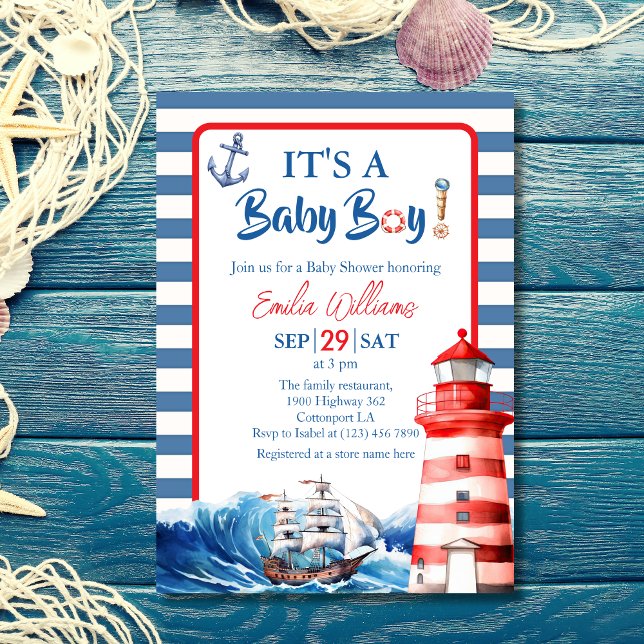 Charming Striped Blue Red Nautical Ahoy Baby Boy Invitation (Creator Uploaded)