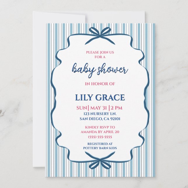 Charming Striped Ribbon Baby Shower Invitation (Front)