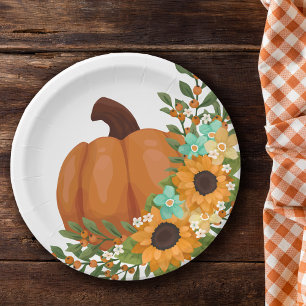 Charming Sunflowers & Orange Pumpkin Paper Plate