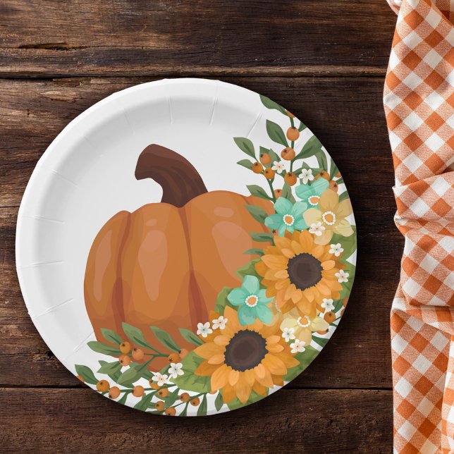Charming Sunflowers & Orange Pumpkin Paper Plate (Creator Uploaded)