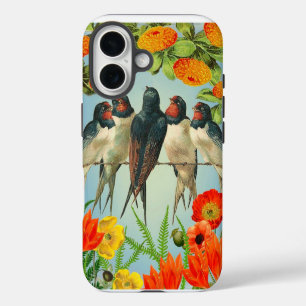 Charming Swallows and Floral iPhone Case" 16 Case