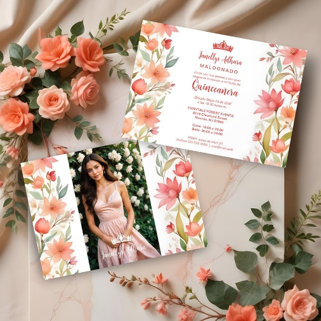 Charming Sweet Floral Garland Spanish Photo Mis XV Invitation (Lovely Sweet Floral Garlands Spanish Photo Mis XV Invitations Cards. )