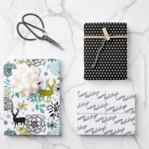 Charming Teal Blue Green Floral And Deer Pattern Wrapping Paper Sheet