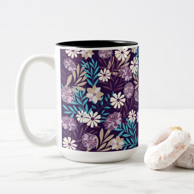 Charming Teal & Burgundy Floral Two-Tone Coffee Mug (With Donut)