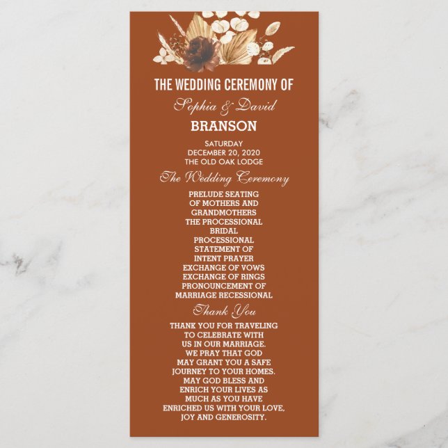 Charming Terracotta Pampas Grass Floral Wedding  Programme (Front)